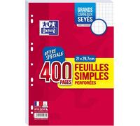 Patq-Oxford Lot De 400 Pages Feuilles Simples Grands Carreaux Seyes Format A4 (21x29,7cm) Perforees
