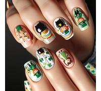 Patrick's Day Press On Nails French Tip Carré Faux Trèfles Conceptions Couvertures Complètes En Acrylique Green Shamrock Nail