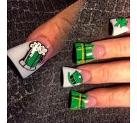 Patrick's Day Press On Nails French Tip Duck Fake Faux Clovers Design Full Covers Acrylique Green Shamrock Faux Nail