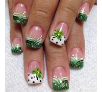 Patrick's Day Press On Nails Short Square French Tip False False Green Shamrock Brille Les Couvertures Complètes Sur La Fête Prête À L'ongle