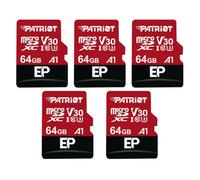 Patriot Memory 64GB A1 / V30 Carte mémoire pour téléphones et tablettes Android, Enregistrement vidéo 4K - Pack de 5.