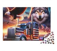Patriote Camion américain Difficile, Puzzle 1000 pièces pour Adultes, Loup, Aigle, Coucher de Soleil, Premium épais Robuste Haute qualité, Vibrant, Stimulant, Anti-Stress, 52x38cm/1000pcs