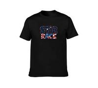 Patriotic Black Pure Cotton Crew Neck Tee with 'Star Race' American Flag Graphic, Bold & Festive L