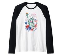 Patriotic Lady Liberty Bubble Gum American Flag Art Tee Manche Raglan