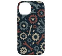 Patriotic Mechanic Gear Pattern USA Flag American Industrial Pattern Coque pour iPhone 14