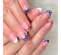 Patriotic Short Square False Nails French Tip Appuyez sur les couvertures complètes Fausses colles du Jour de l ’ Indépendance le jour de l ’ Independence French Tip Appuyez sur