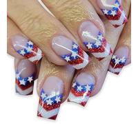 Patriotique Short Square Faux Nails French Tip Press Sur Les Couvertures Complètes Fake Independence Day Colues Sur Un Faux Ongle Artificiel
