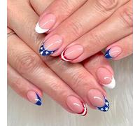 Patriotique Short Square Faux Nails French Tip Press Sur Les Couvertures Complètes Fake Independence Day Colues Le Jour De L'indépendance Presse De Pourboire Française Sur Ongle