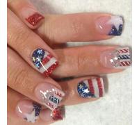 Patriotique Short Square Faux Nails French Tip Press Sur Les Couvertures Complètes Fake Independence Day Colues Sur Un Faux Ongle Artificiel