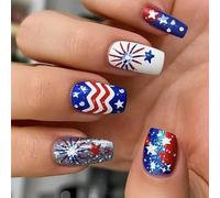 Patriotique Short Square Faux Nails French Tip Press Sur Les Couvertures Complètes Fake Independence Day Colues Les Colles L'ongle