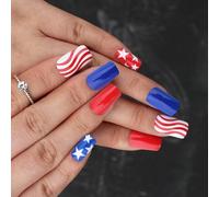 Patriotique Short Square Faux Nails Presse De Pointe Française Sur Les Clous Couvertures Complètes Fake Independence Day Colues Sur Un Faux Ongle Artificiel