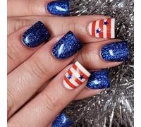 Patriotique Short Square Faux Nails Presse Pointe Française Sur Les Clous Couvertures Complètes Fake Independence Day Colues Sur Faux Ongle Artificiel
