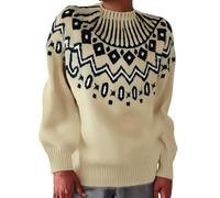 Patrons de tricot épais pour femme - Pull à manches longues - Pull d'hiver rayé à col rond - Pull ample, beige, 4XL