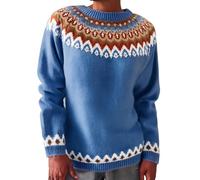 Patrons de tricot épais pour femme - Pull à manches longues - Pull d'hiver rayé à col rond - Pull ample, bleu, XL