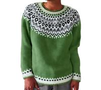 Patrons de tricot épais pour femme - Pull à manches longues - Pull d'hiver rayé à col rond - Pull ample, Vert, 4XL