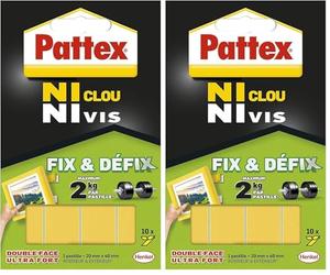 Pattex Ni Clou Ni Vis - Fix & Défix (10 pastilles de 20 x 40 mm) - Adhésif de fixation surpuissant facilement démontable - Adhésif double face pour toutes surfaces et objets (Lot de 2)