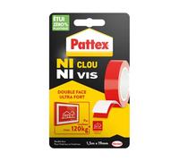 Pattex Ni Clou Ni Vis | Ruban adhésif double face ultra fort (rouleau de 1,5 m x 19 mm) - Adhésif de montage pour intérieur & extérieur - Maximum 120 kg par rouleau