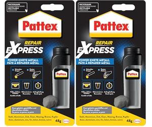 Pattex Powerknete Repair Express Metall, 48 g de pâte à modeler couleur métal pour coller & réparer, colle époxy pour de nombreux matériaux, pâte à modeler pouvant être peinte (Lot de 2)