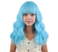 PATTNIUM Perruque bleue courte ondulée avec frange pour enfant - Résistante à la chaleur - Pour filles et enfants