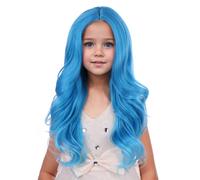 PATTNIUM Perruque bleue pour enfants - Cheveux longs bouclés ondulés avec raie au milieu pour filles avec bonnet - Perruque synthétique résistante à la chaleur pour enfant