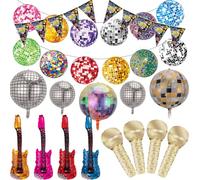 PAUBLLON Ensemble de décorations de fête des années 80 - Bannière des années 80, ballons disco gonflables, accessoires de guitare rock star - Kit complet pour décoration de fête disco des années 80