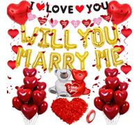 PAUBLLON Will You Marry Me Kit de décorations - 1044 pièces avec bannière « I Love You », ballons dorés « Will You Marry Me » et ballons en forme de cœur rouge pour mariages et fiançailles