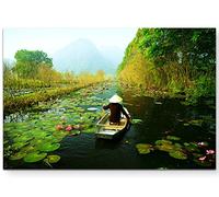 Paul Sinus Art Impression sur toile tendue Motif ferme vietnamienne qui roule avec son bateau sur rivière, Toile, 120 x 80 cm