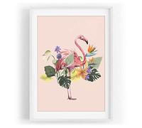 Paul Sinus Motif oiseau - Flamant rose - Fleurs exotiques tropicales - Couleur des mers du Sud - Cadre blanc - Format A3
