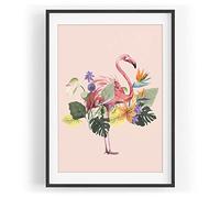 Paul Sinus Motif oiseau - Flamant rose - Fleurs exotiques tropicales - Couleur des mers du Sud - Cadre noir - Format A3