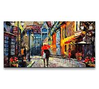 Paul Sinus Tableau mural 120 x 60 cm - Ambiance de soirée - Vue de la ville colorée avec parapluies - Art sur toile et cadre en bois