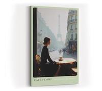 Paul Sinus Tableau mural 120 x 80 cm Café Femme - Scène romantique d'une femme dans un café parisien surplombant la tour Eiffel, images modernes dans des tons doux et atmosphériques