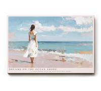 Paul Sinus Tableau mural 120 x 80 cm Dreams on the Ocean Shore représentation impressionniste d'une femme en robe blanche au bord de la mer regardant de manière rêveuse sur les vagues.