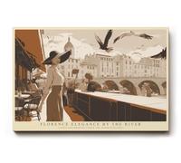 Paul Sinus Tableau mural 120 x 80 cm Florence Elegance by the River - Scène élégante sur la rivière de Florence avec femme au chapeau de soleil, symbole de culture, de mode et d'élégance intemporelle