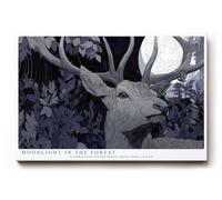 Paul Sinus Tableau mural 120 x 80 cm Moonlight in the Forest Tableau mystique de la forêt avec un cerf élégant à la lueur de la lune, entouré de feuilles sombres et d'un bleu profond.