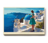 Paul Sinus Tableau mural 120 x 80 cm Santorini Calls - Architecture méditerranéenne et mer bleu azur avec une femme élégante en robe, symbole du désir et de la beauté intemporelle des îles grecques