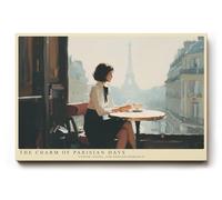 Paul Sinus Tableau mural 120 x 80 cm The Charm of Parisian Days - Motif urbain élégant d'une femme au café avec vue sur la tour Eiffel dans la douce lumière du matin