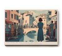 Paul Sinus Tableau mural 120 x 80 cm The Girl by the Canal Bridge - Scène de ville pittoresque avec femme en bleu sur un pont Motif atmosphérique entre lumière et eau