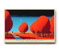 Paul Sinus Tableau mural 120 x 80 cm The Path Through Red Trees - Paysage d'ambiance avec feuillage rouge et randonneurs solitaires sous un ciel clair
