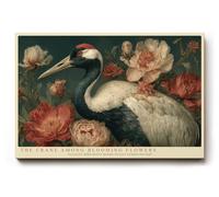Paul Sinus Tableau mural 180 x 120 cm The Crane among Blooming Flowers - Magnifique grue entourée de fleurs, motif naturel élégant dans une composition de couleurs classique
