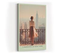 Paul Sinus Tableau mural 40 x 60 cm A Morning à New York - Femme sur balcon avec vue sur Empire State Building, motif de ville à la lumière du matin