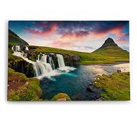 Paul Sinus Tableau mural 60 x 40 cm Art décoratif Islande Kirkjufellsfoss Paysage Montagnes Vert Cascade