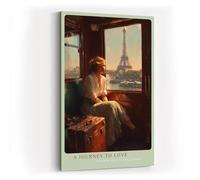 Paul Sinus Tableau mural 60 x 90 cm « A Journey to Love » - Femme dans le train surplombant la tour Eiffel, lumière chaude du soir, motif Paris romantique de style vintage