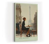 Paul Sinus Tableau mural 60 x 90 cm - Scène romantique d'une femme en robe noire près d'un café de rue parisien avec vue sur la tour Eiffel - Images modernes dans des tons chauds et doux