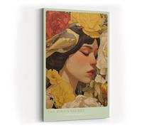 Paul Sinus Tableau mural 60 x 90 cm The Bird's Secret - Portrait poétique d'une femme avec oiseau et cadre floral dans des tons doux