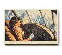 Paul Sinus Tableau mural 75 x 50 cm Fly into the City Skyline Motif rétro élégant d'un pilote au-dessus de la grande ville dans le cockpit