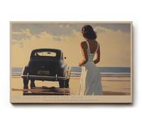 Paul Sinus Tableau mural 90 x 60 cm The Silence Before the Road - Scène romantique sur la plage avec femme en robe blanche et voiture ancienne, symbole de départ, souvenir et désir