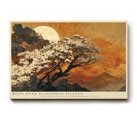 Paul Sinus Tableau mural avec lune, paysage, arbre, saignons, nature asiatique, motif artistique scène de montagne du soir avec pleine lune