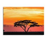 Paul Sinus Tableau mural - Coucher de soleil africain avec acacia - 100 x 70 cm - Ambiance dramatique du soir - Savanne, nature, magie africaine