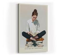 Paul Sinus Tableau mural en 120 x 80 cm - Portrait poétique d'une jeune femme assise sur des piles de livres et lisant - Images modernes dans des tons chauds, calme et inspirant