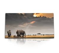 Paul Sinus Tableau mural majestueux troupeau d'éléphants - Représentation de la nature dans la savane africaine - 120 x 60 cm - Œuvre d'art sur toile